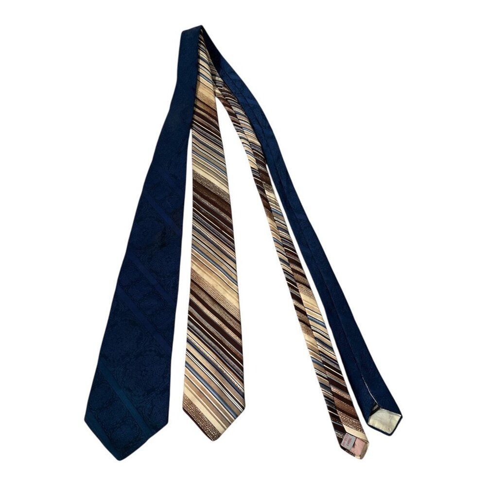 Vintage Jerry Leonard Big and Tall Polyester Neckties Lot of 2 Blue Brown Stripe